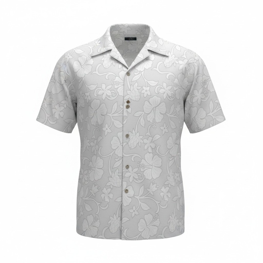 American Outpost Men's XL Floral Hibiscus Pineapple Cotton Camp Shirt Grey White